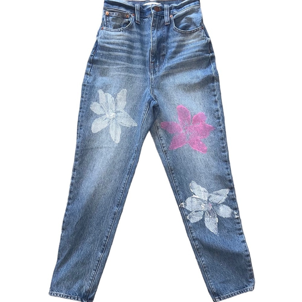 Madewell The Mom Jean High Rise Flower Painted Up Cycled  Whimsy Denim Jeans 25